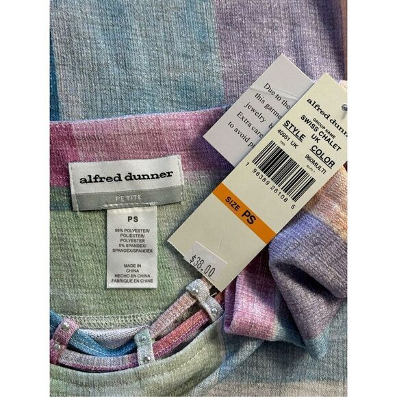 Alfred Dunner Women’s Petite Small Swiss Chalet Checkered Round Neck 3/4 Sleeve - Picture 2 of 7